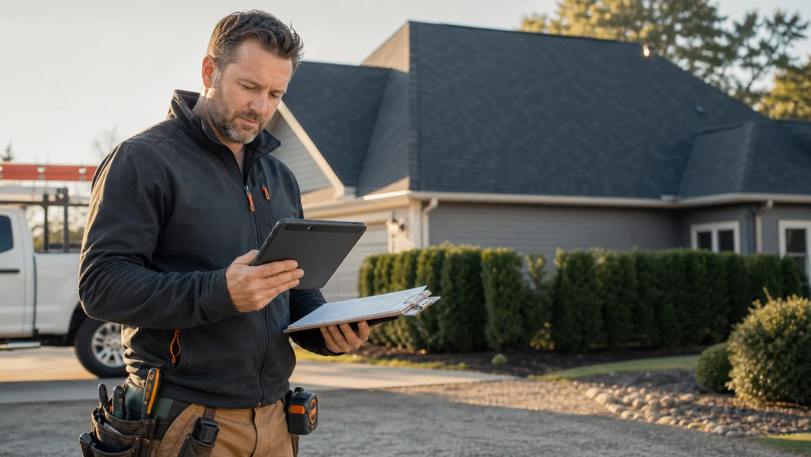 Roofing company owner reviewing a local marketing plan beside a completed residential roof