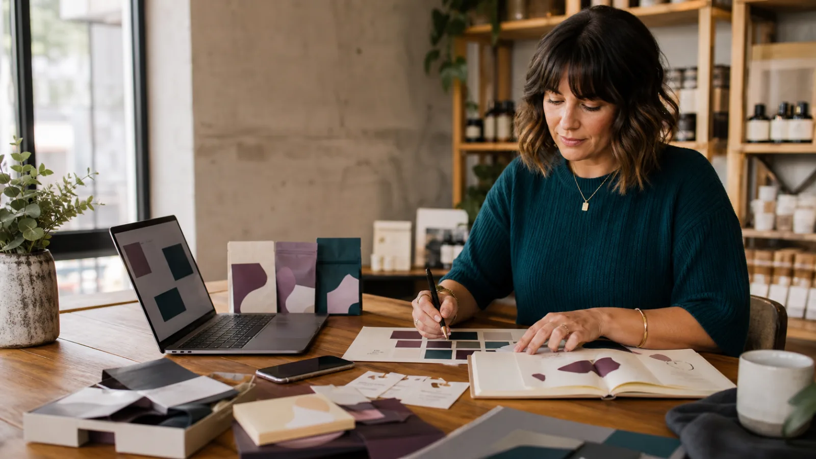 Small-business owner arranging a consistent visual brand system across packaging, notes, and a laptop