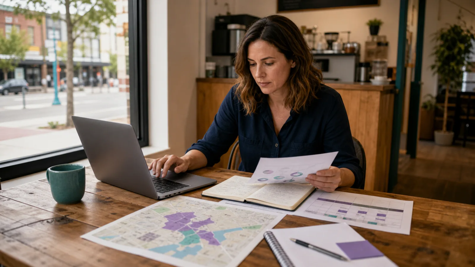 Small-business owner comparing local market data, customer notes, and competitor observations