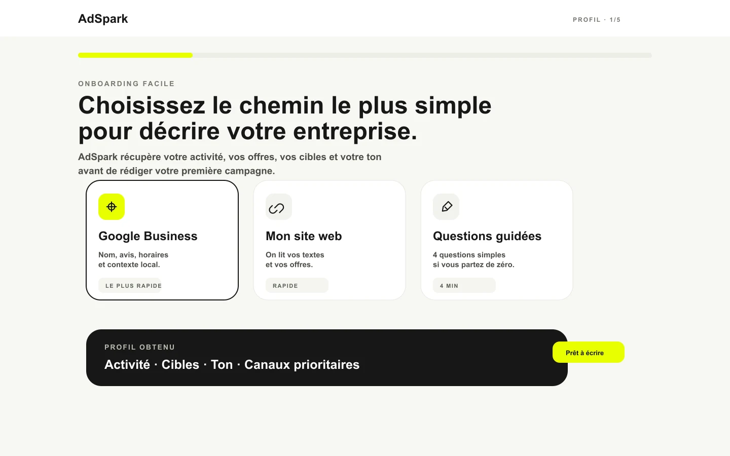 Visual de producto del onboarding de AdSpark con Google Business, sitio web y preguntas guiadas.